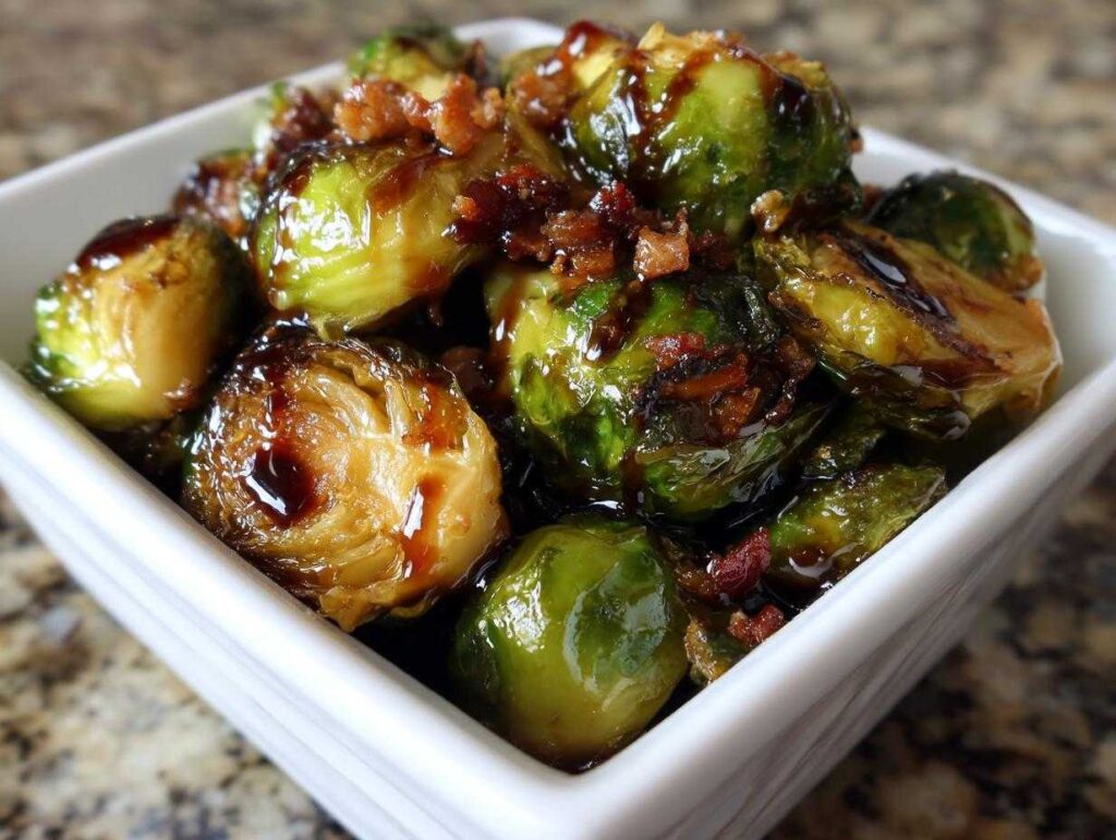 Close-up of crispy honey balsamic brussels sprouts topped with bacon bits in a white bowl.