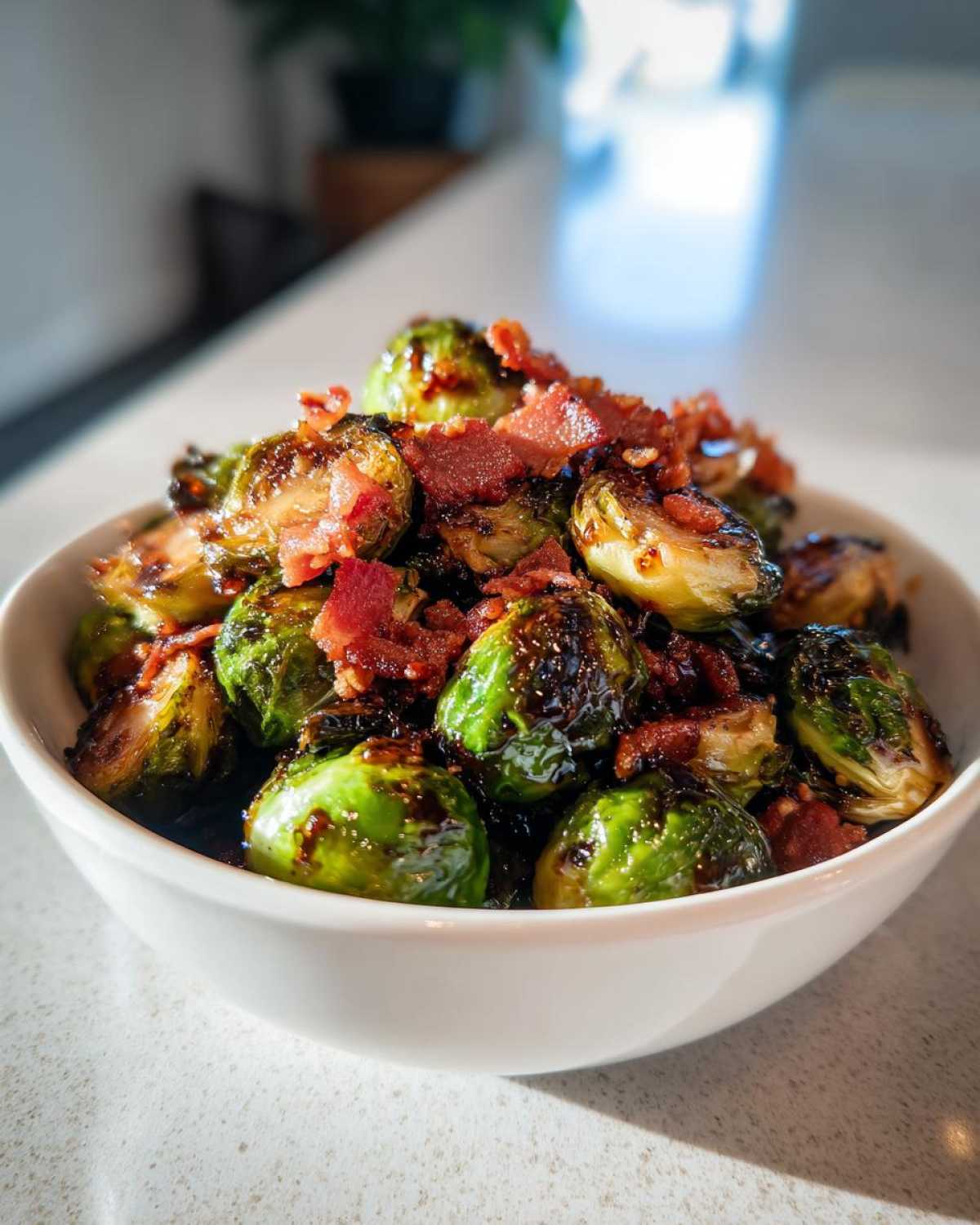 A bowl of crispy honey balsamic brussels sprouts topped with crumbled bacon.