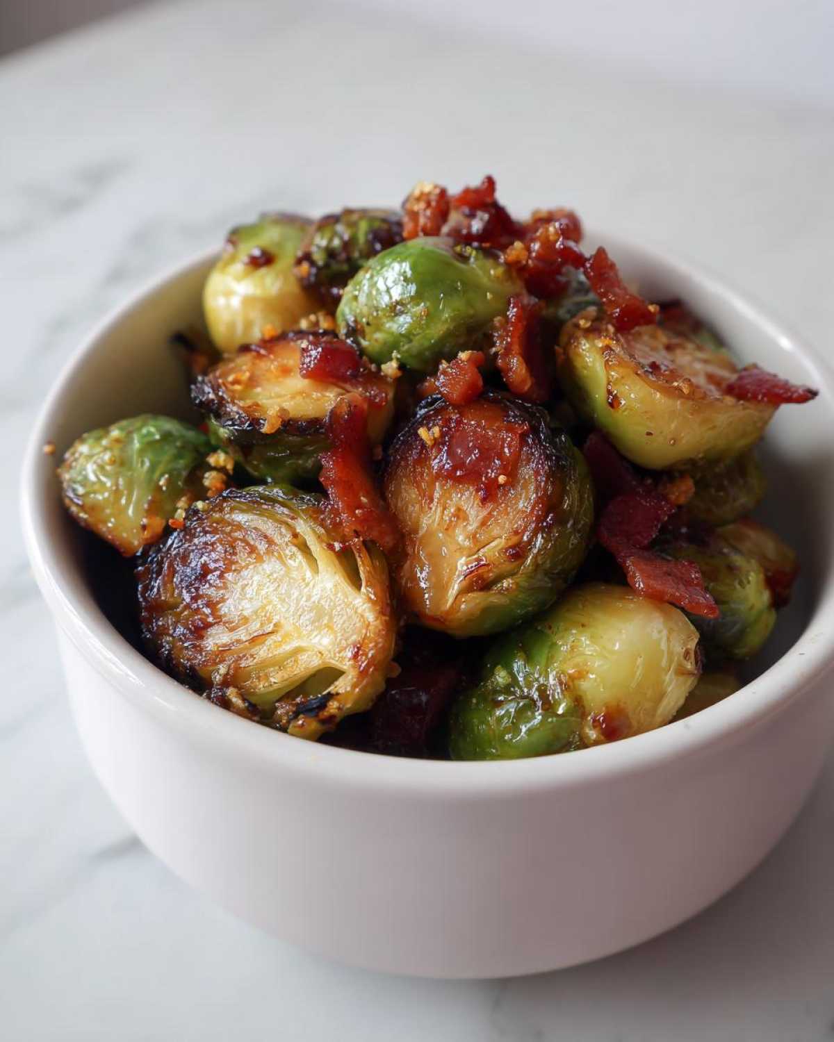 Close-up of crispy honey balsamic brussels sprouts topped with crumbled bacon in a white bowl.