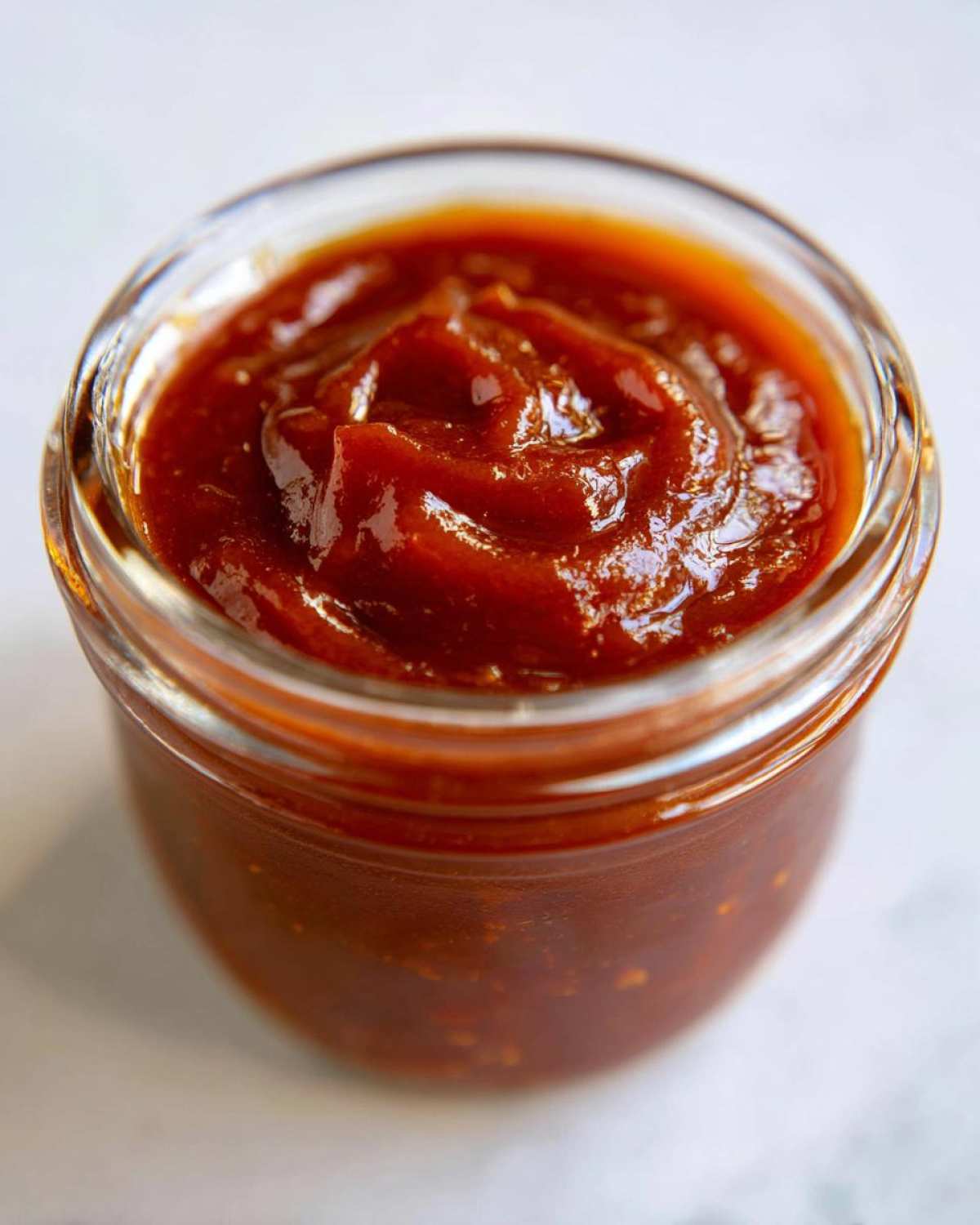 Close-up of thick, glossy Honey BBQ sauce swirled in a glass jar.