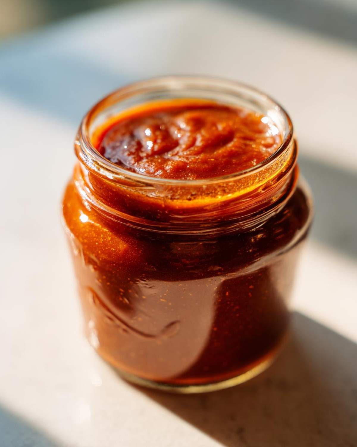 A close-up shot of a glass jar filled with rich, glossy Honey BBQ sauce.