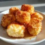A close-up of golden brown honey butter cornbread poppers drizzled with honey on a white plate.