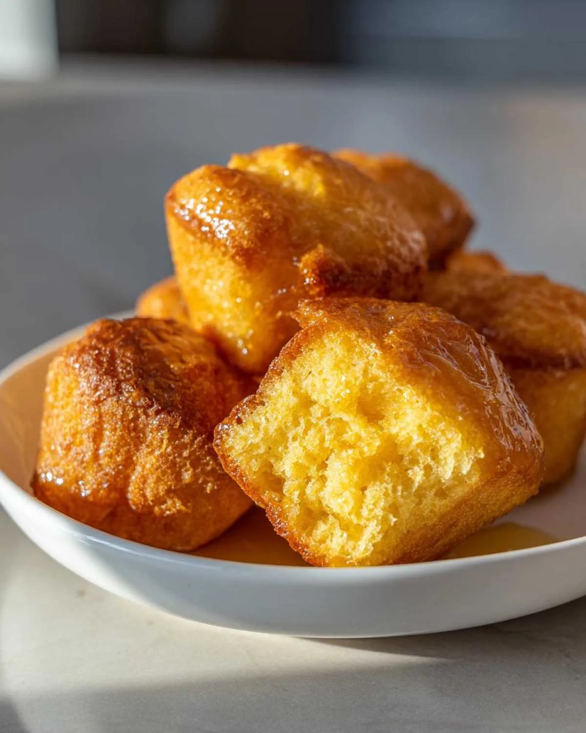 Close-up of golden honey butter cornbread poppers, one bitten to show fluffy interior.