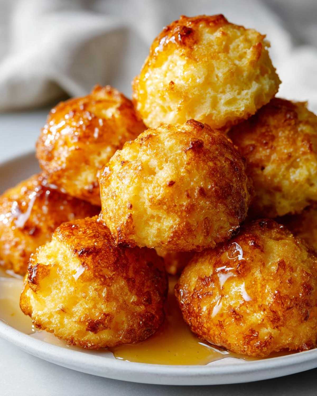 A stack of golden-brown honey butter cornbread poppers drizzled with honey.