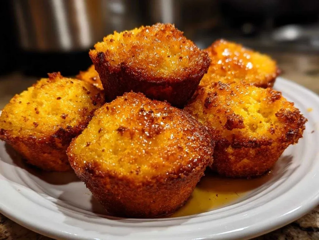 A close-up of golden brown honey butter cornbread poppers stacked on a white plate, glistening with honey.