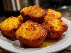 A close-up of golden brown honey butter cornbread poppers stacked on a white plate, glistening with honey.