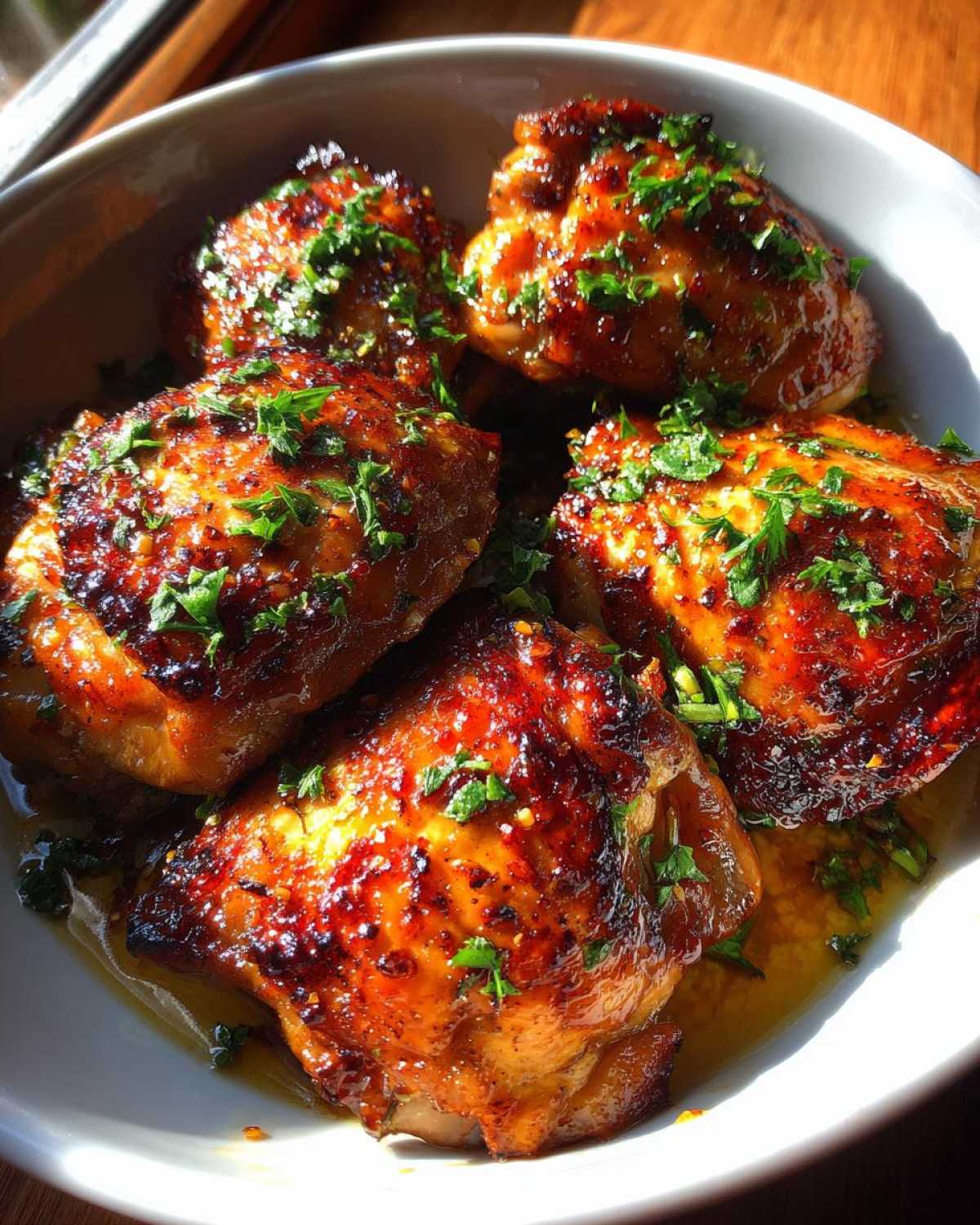 A bowl of perfectly cooked honey garlic chicken thighs, glistening with sauce and sprinkled with fresh parsley.