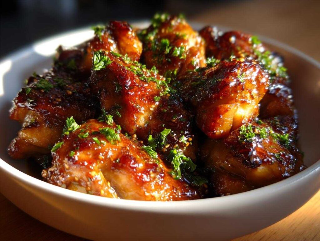 Close-up of glistening honey garlic chicken thighs, garnished with fresh parsley and sesame seeds.