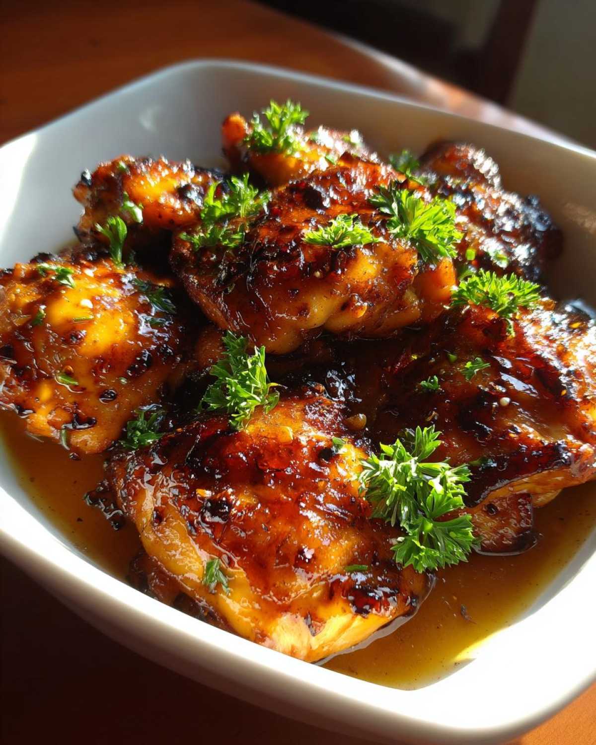 Close-up of glistening honey garlic chicken thighs, garnished with fresh parsley, in a white bowl.