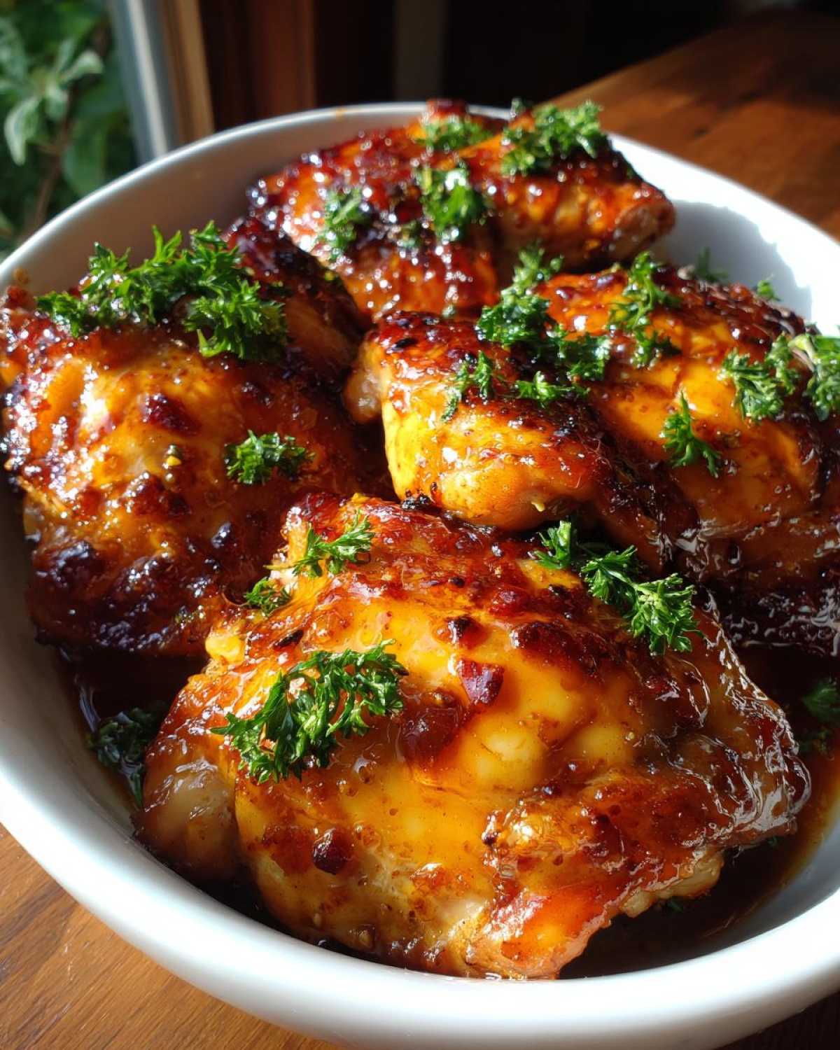 Close-up of juicy honey garlic chicken thighs garnished with fresh parsley in a white bowl.