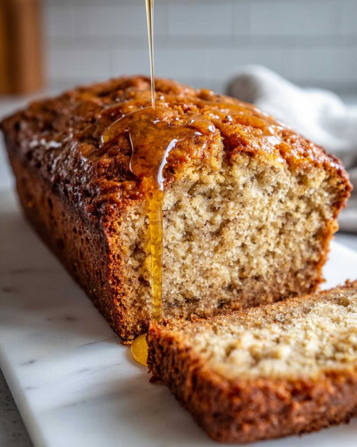 A loaf of moist honey vanilla banana bread with a slice cut, and honey being drizzled over the top.