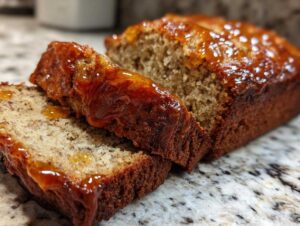 Close-up of a slice of moist honey vanilla banana bread, drizzled with a golden glaze.