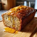 A close-up of a moist Honey Vanilla Banana Bread loaf drizzled with honey and sprinkled with sugar crystals.