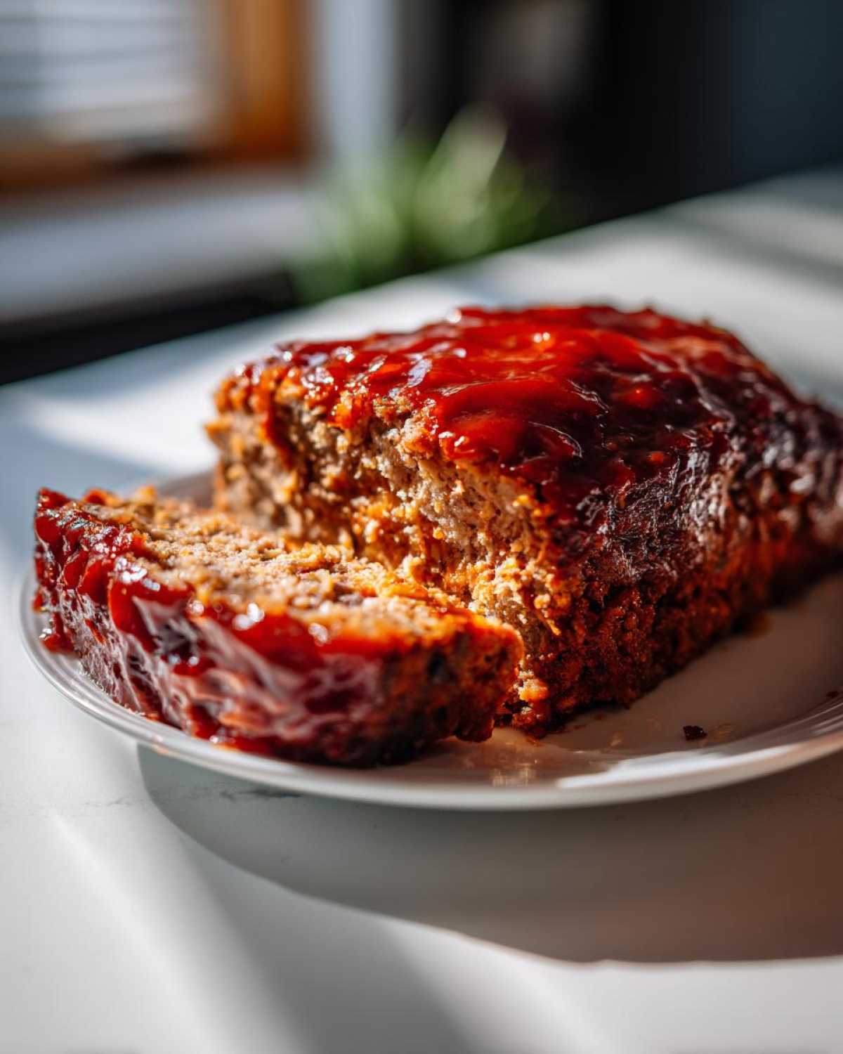 A slice of juicy meatloaf with a glistening tomato glaze, served on a white plate.