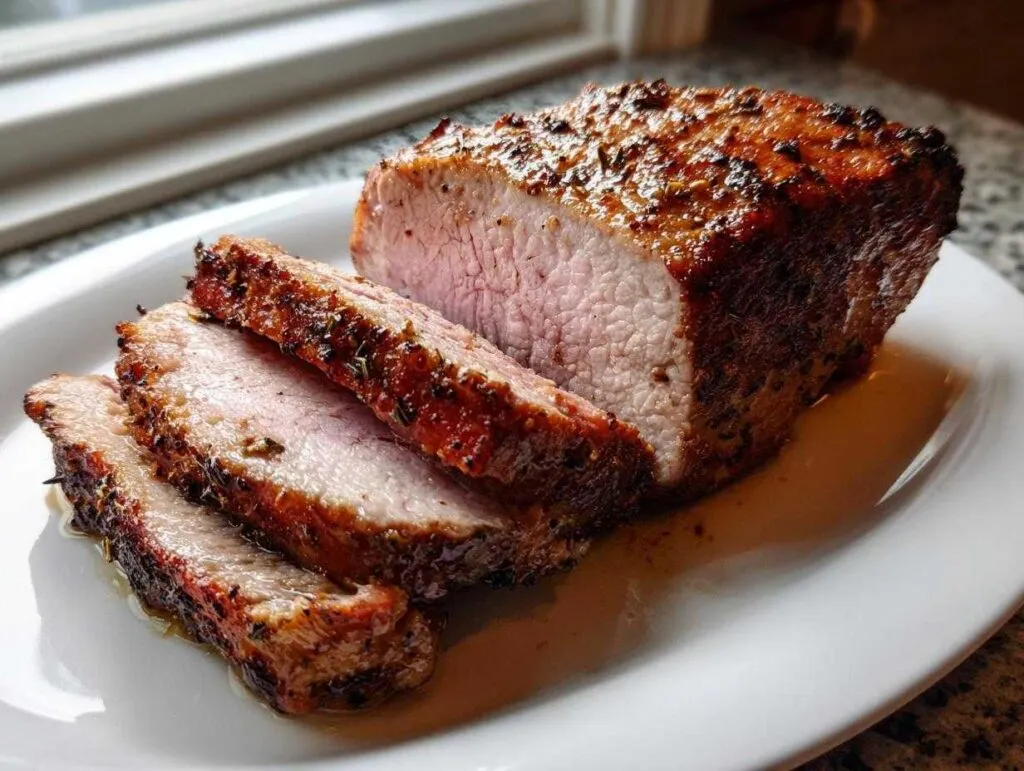 A perfectly cooked and sliced pork loin roast, seasoned with herbs, resting on a white plate.