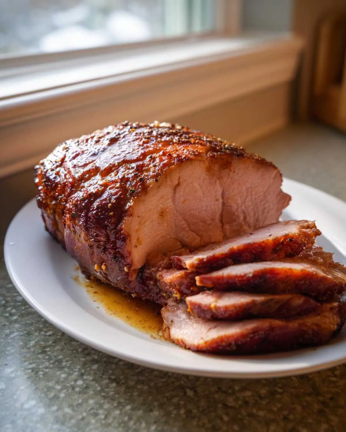 A juicy pork loin roast, sliced and presented on a white plate with its own juices.