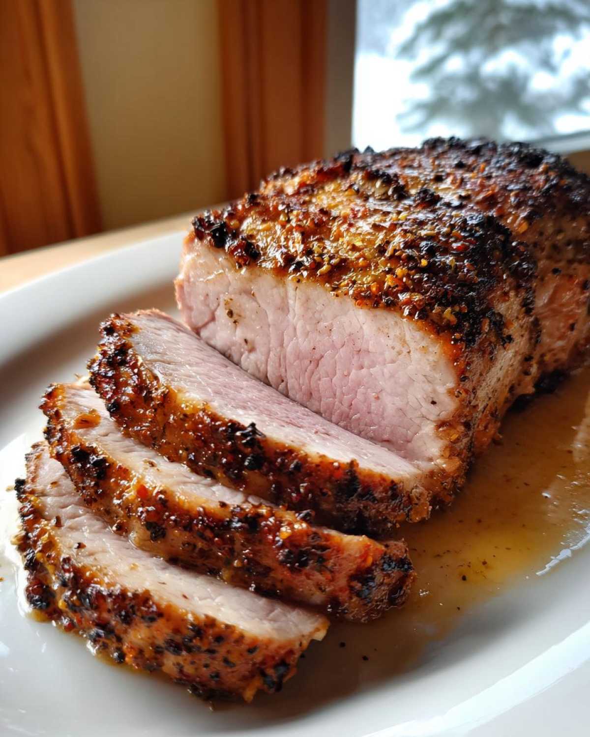 A perfectly cooked and sliced pork loin roast with a flavorful crust, served on a white plate.