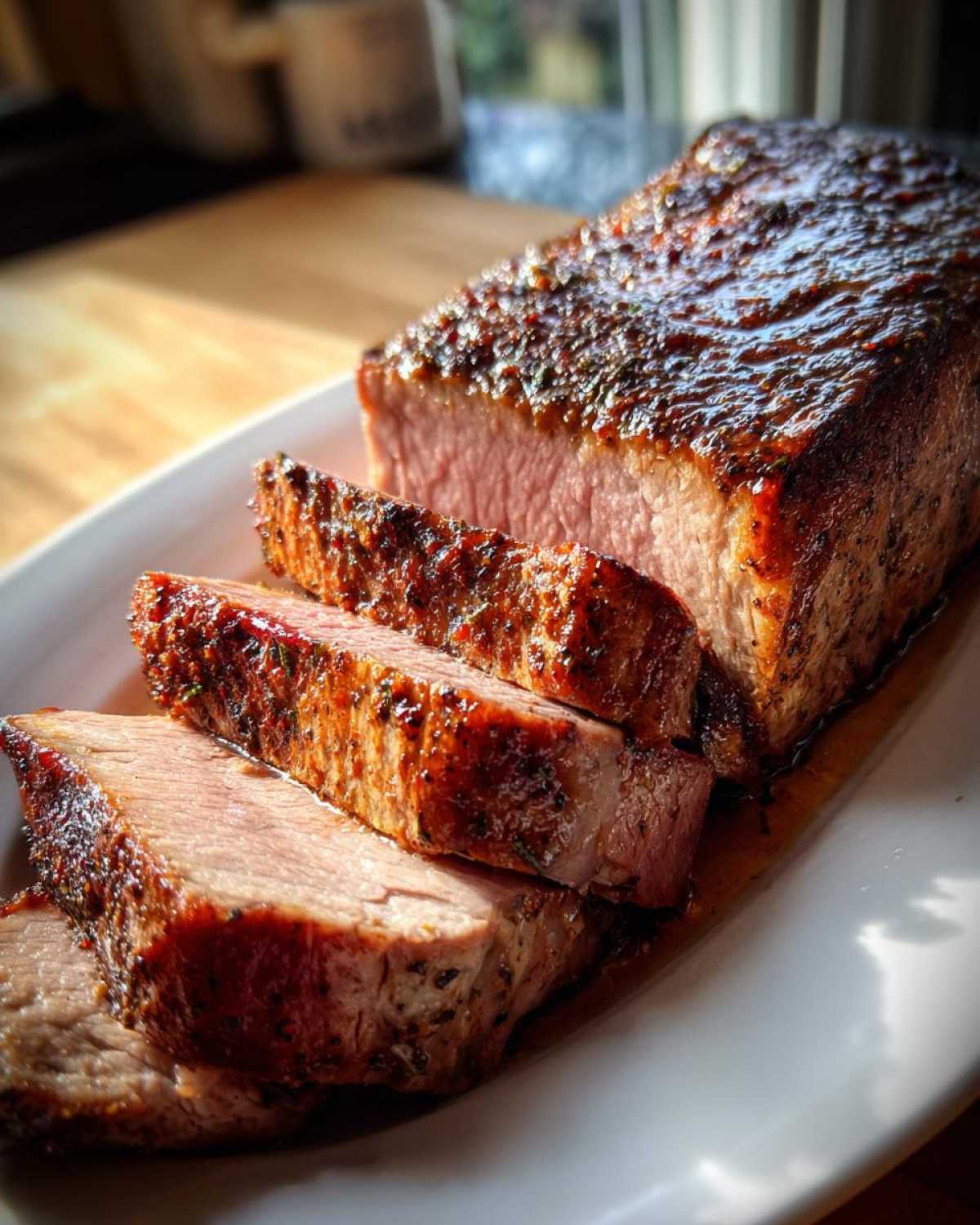 Close-up of a juicy pork loin roast, sliced and served on a white platter, with a glistening glaze.