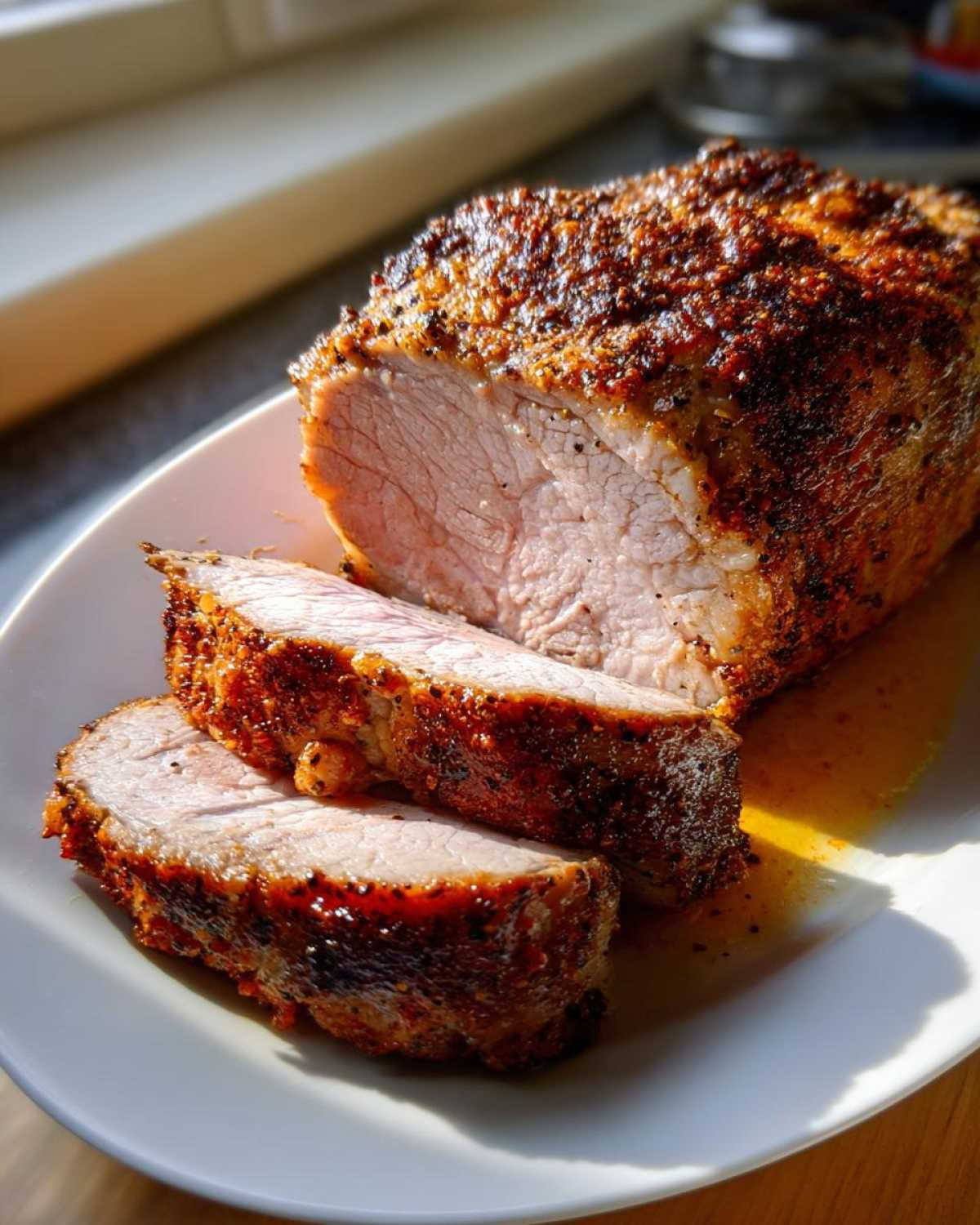 A perfectly cooked pork loin roast, sliced to reveal juicy pink meat and a flavorful, seasoned crust.