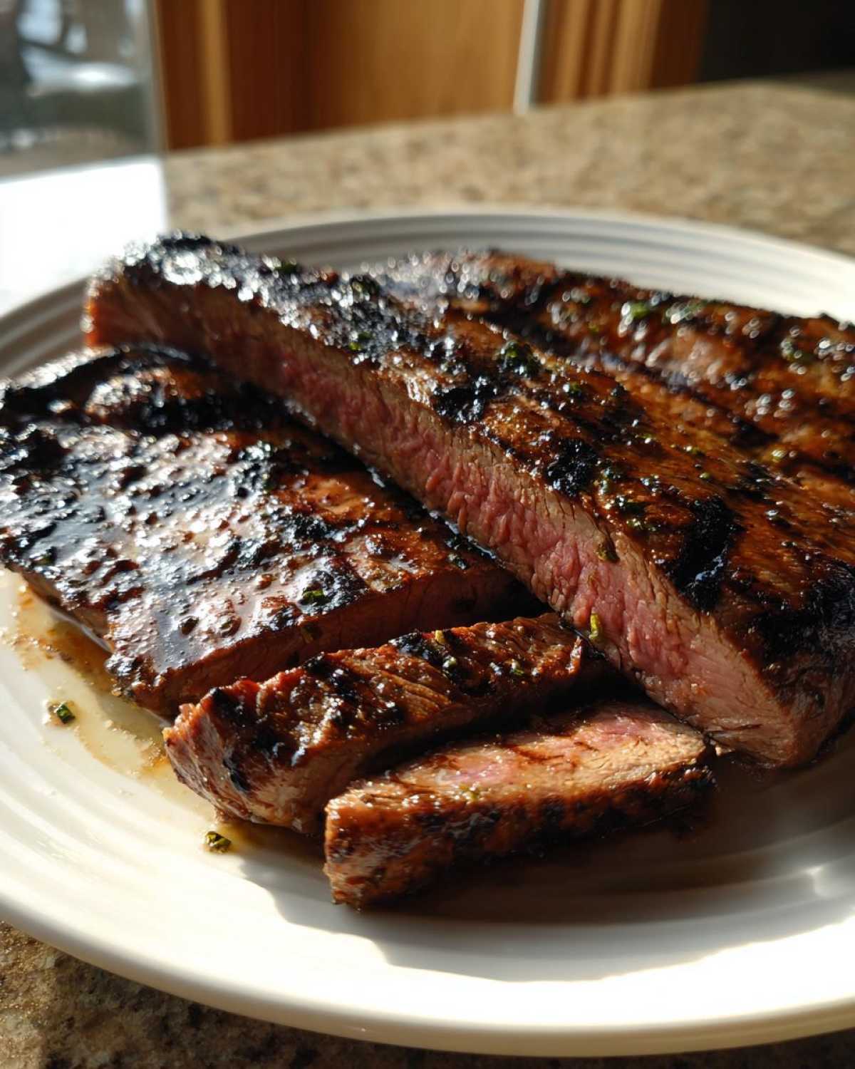 Close-up of sliced, grilled skirt steak with a glossy marinade and visible grill marks.