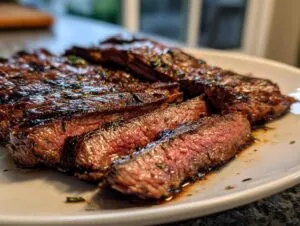 Close-up of perfectly grilled and sliced skirt steak, showcasing its juicy interior and marinade.