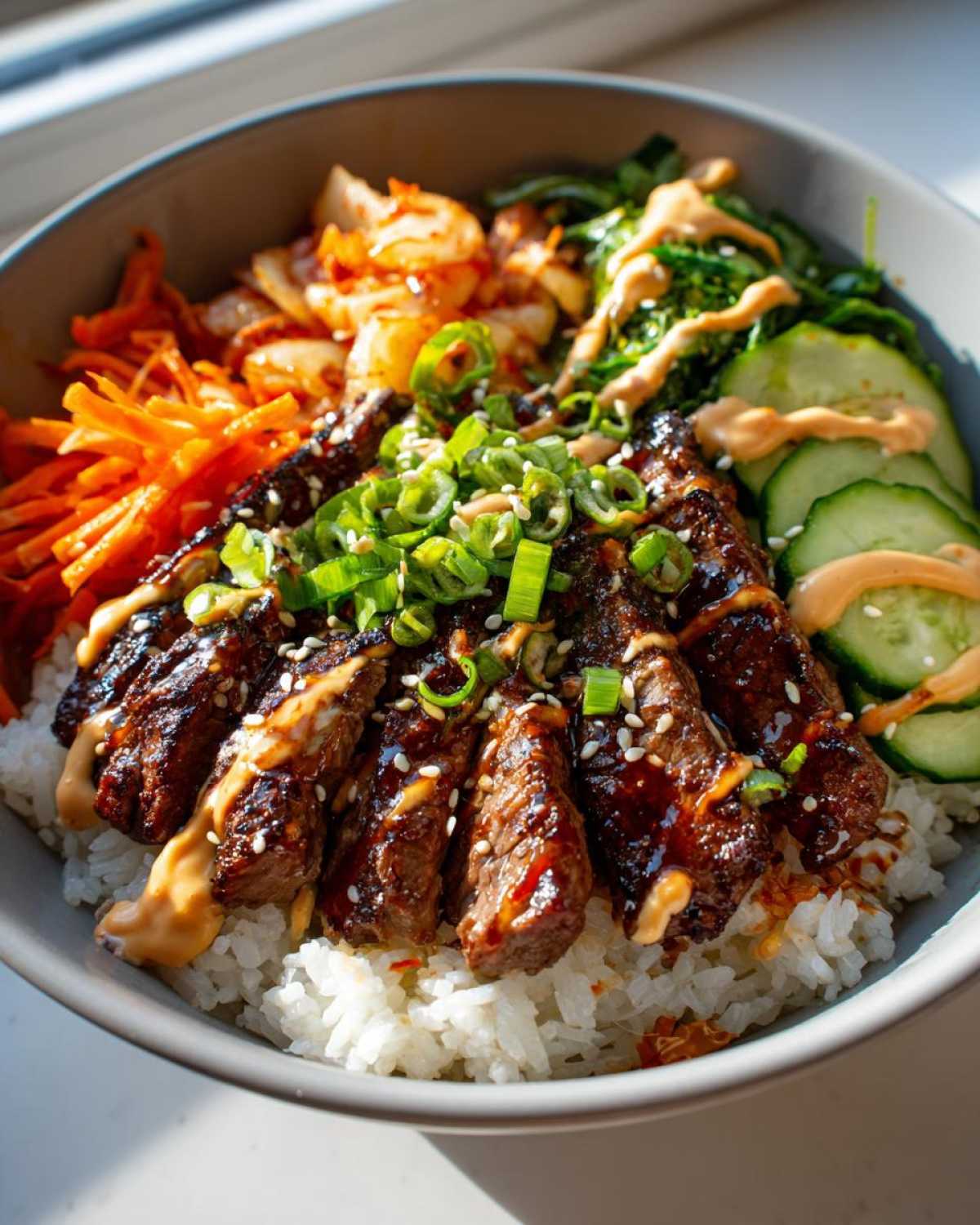A close-up of a Korean BBQ steak rice bowl featuring sliced marinated steak, rice, kimchi, shredded carrots, cucumber, and green onions.