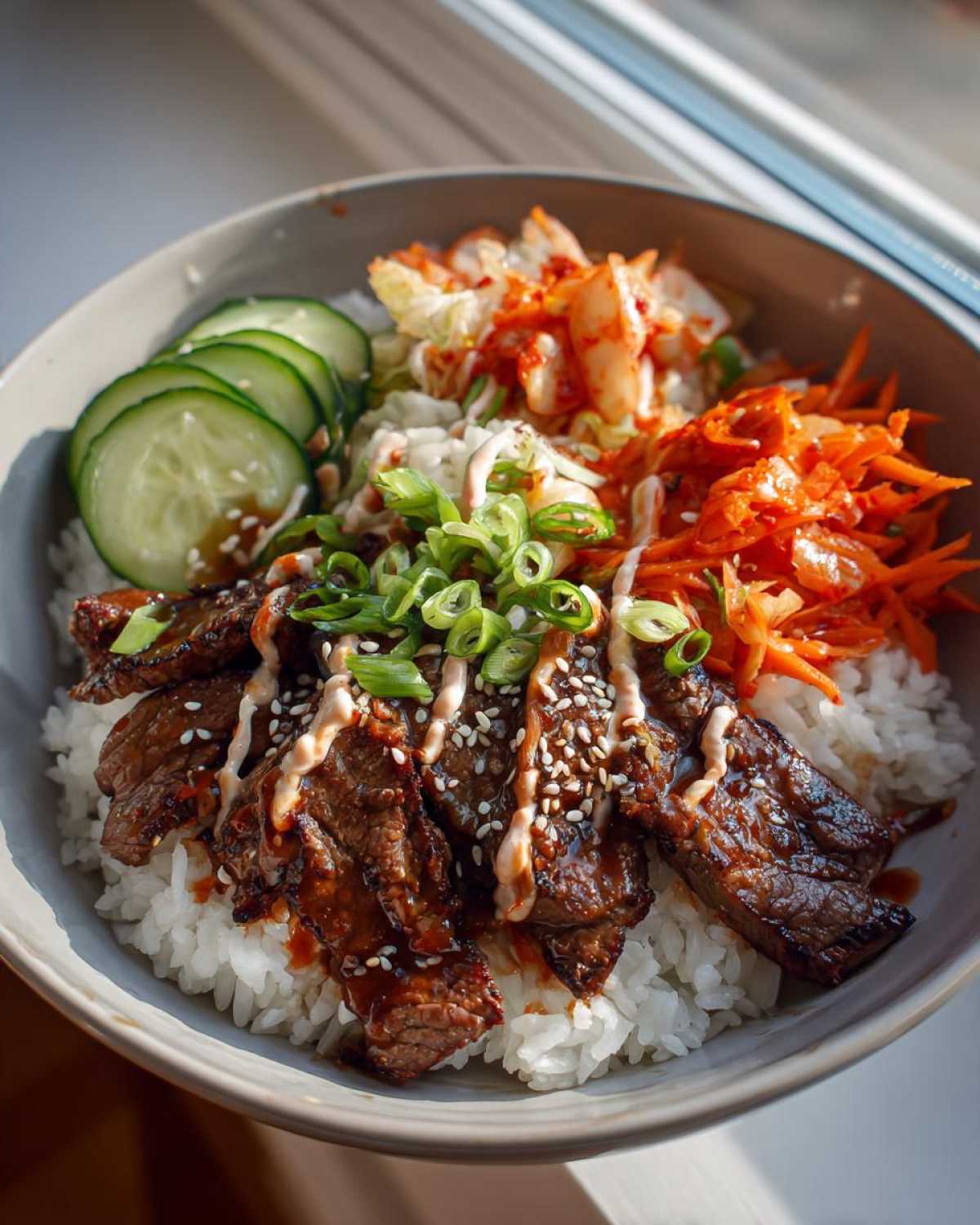 A delicious Korean BBQ steak rice bowl topped with sliced steak, kimchi, shredded carrots, cucumber slices, and green onions.