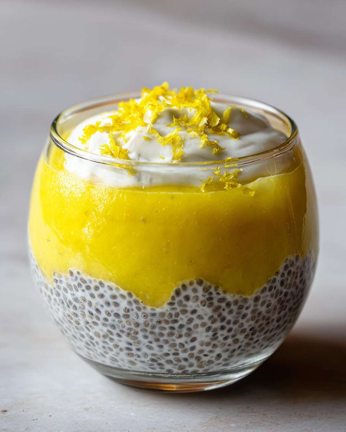 A close-up of lemon cream chia pudding in a glass, topped with whipped cream and lemon zest.