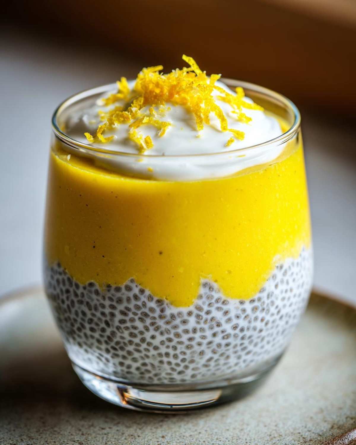 A close-up of a glass filled with lemon cream chia pudding, topped with whipped cream and lemon zest.