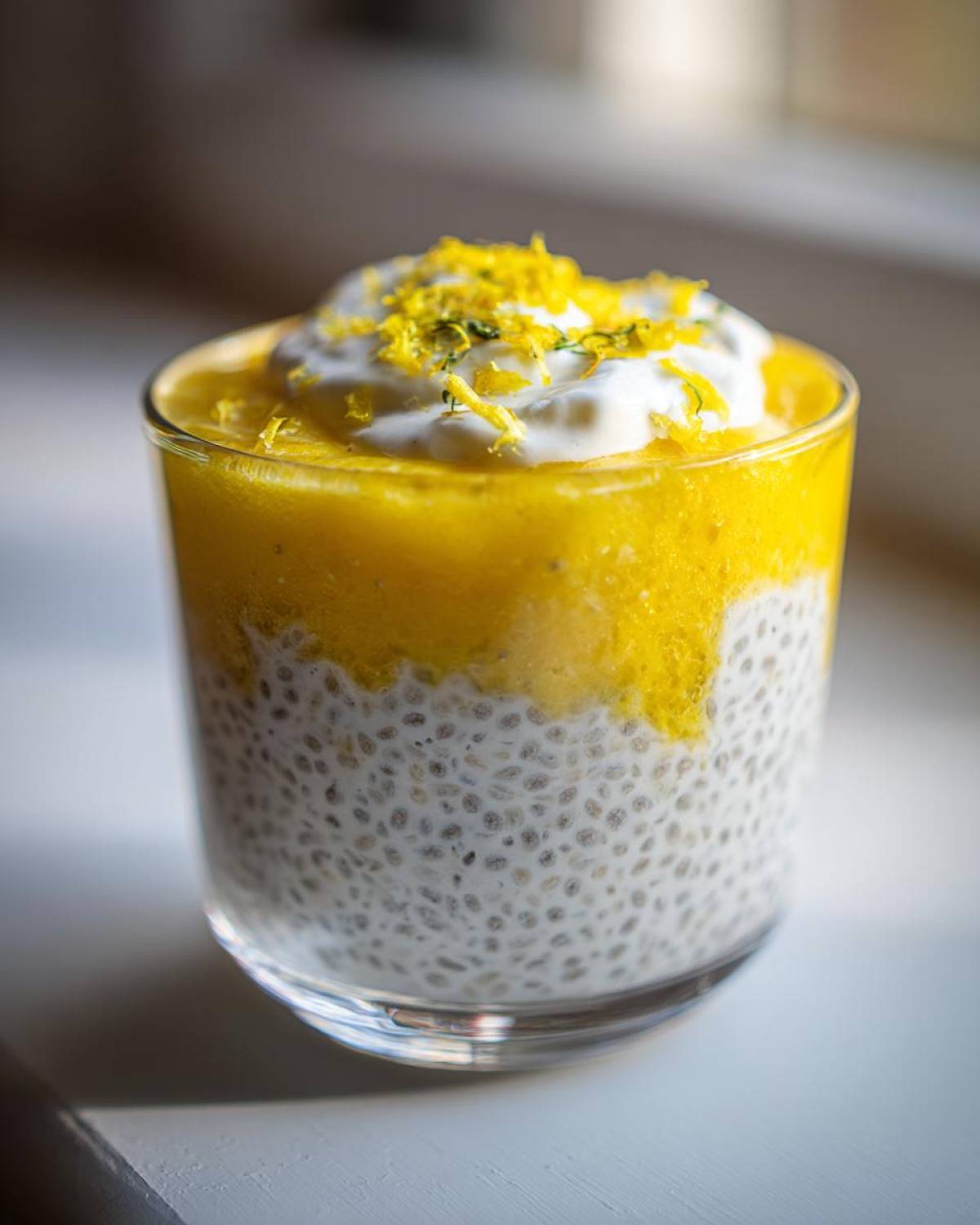 A close-up of a glass filled with creamy lemon cream chia pudding, topped with whipped cream and lemon zest.