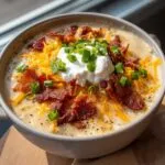 A close-up of a bowl of loaded baked potato soup topped with sour cream, shredded cheese, bacon, and chives.