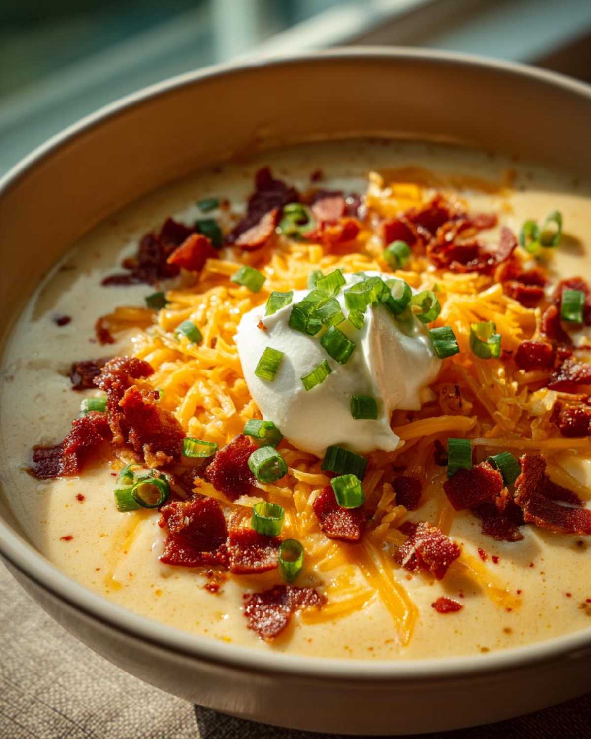A close-up of a bowl of loaded baked potato soup topped with sour cream, shredded cheese, bacon, and green onions.