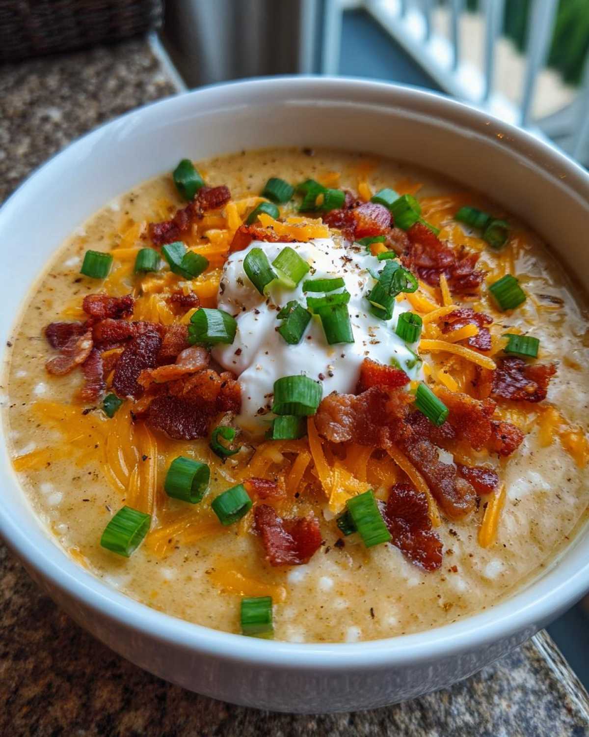A close-up of a bowl of loaded baked potato soup topped with sour cream, shredded cheese, bacon, and green onions.