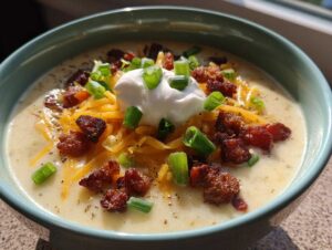 Close-up of a bowl of loaded baked potato soup topped with sour cream, shredded cheese, bacon bits, and green onions.