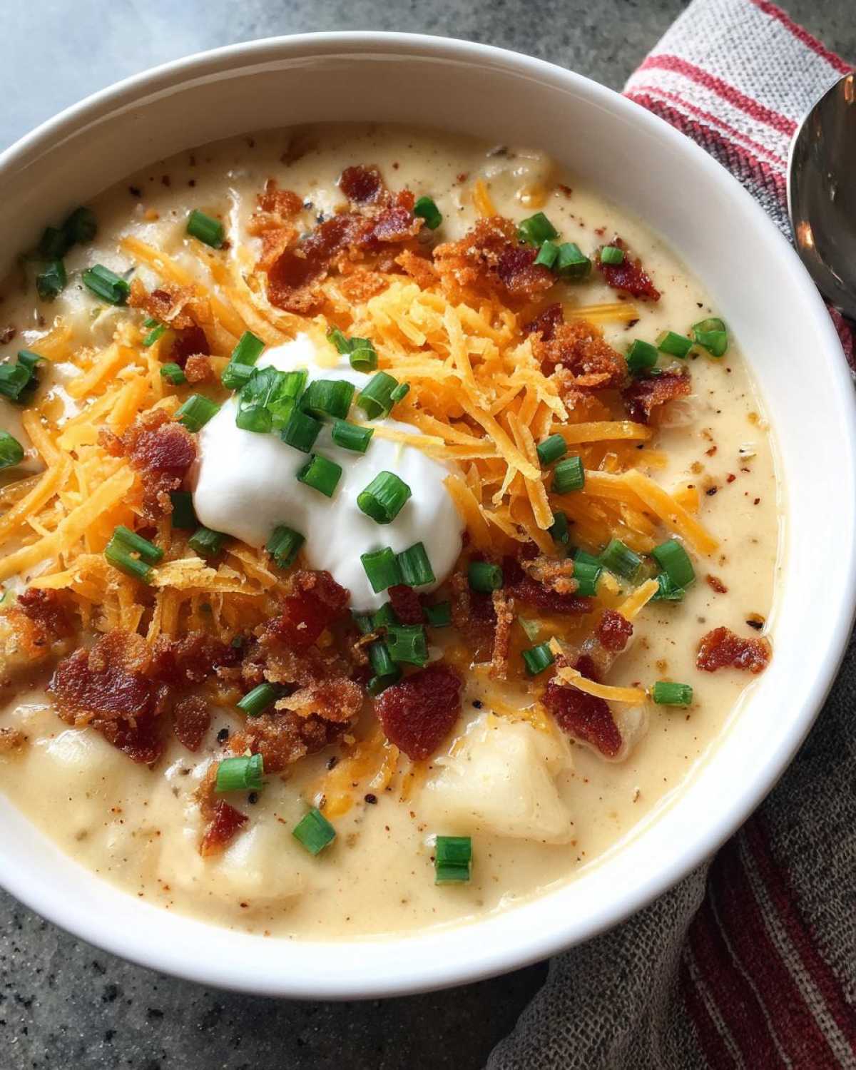 A close-up of a bowl of loaded baked potato soup, topped with shredded cheese, bacon bits, sour cream, and chives.