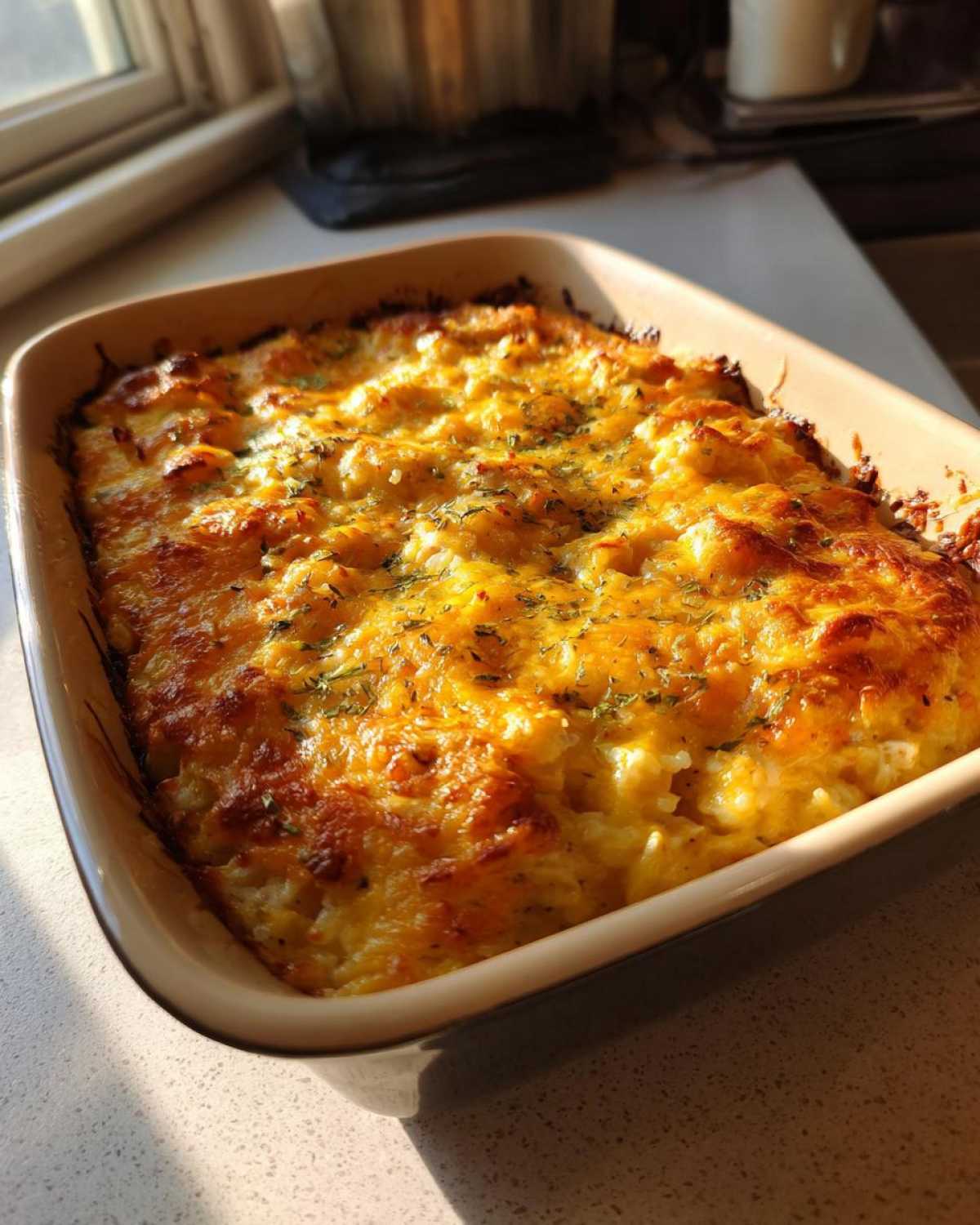 A close-up of Mamaw's Chicken and Rice Casserole, baked to a golden brown with melted cheese and sprinkled herbs.