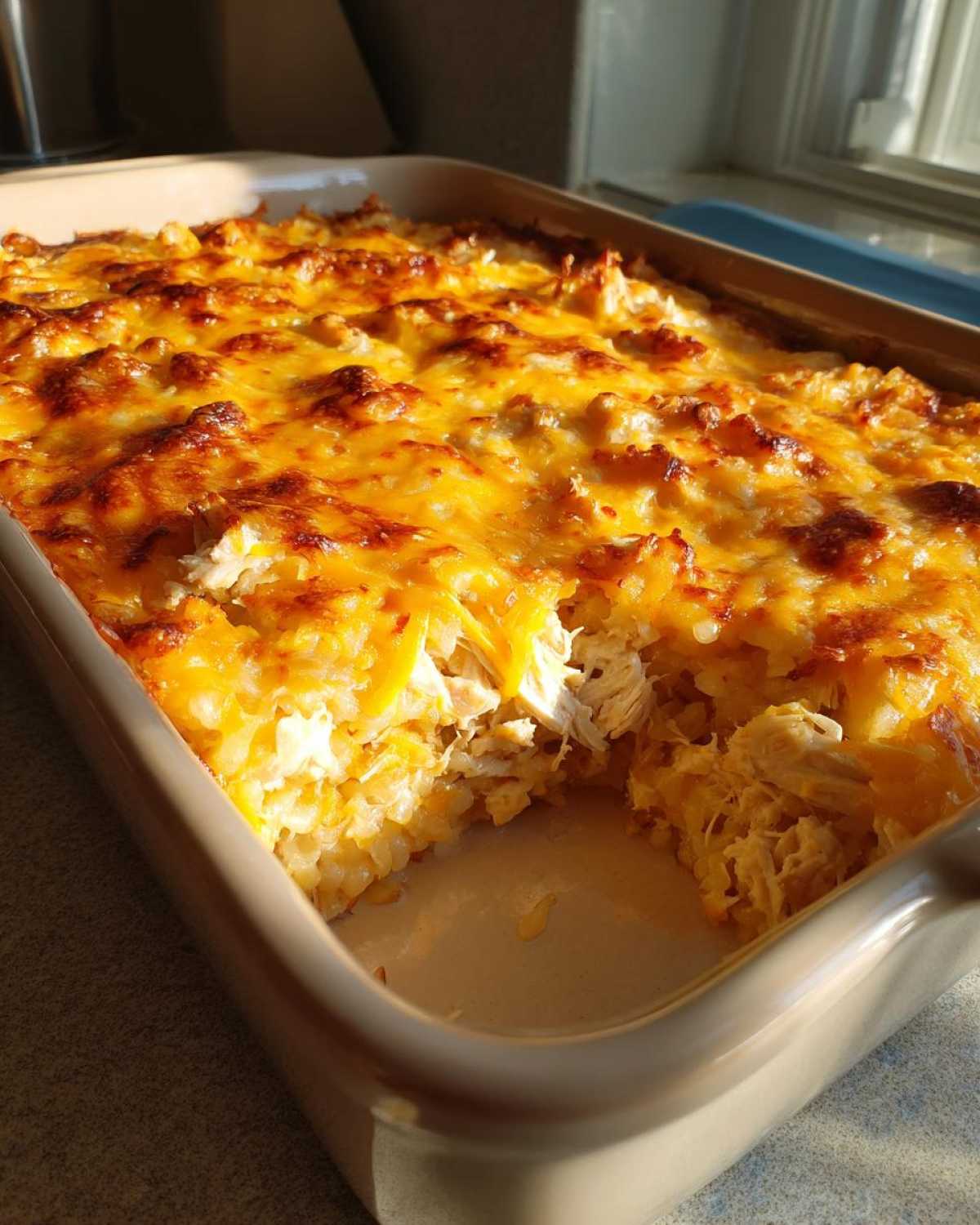 A close-up of Mamaw's Chicken and Rice Casserole in a baking dish, showing a golden-brown cheesy topping and tender chicken.