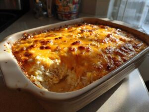 A close-up of Mamaw's Chicken and Rice Casserole, baked to a golden brown with melted cheese.