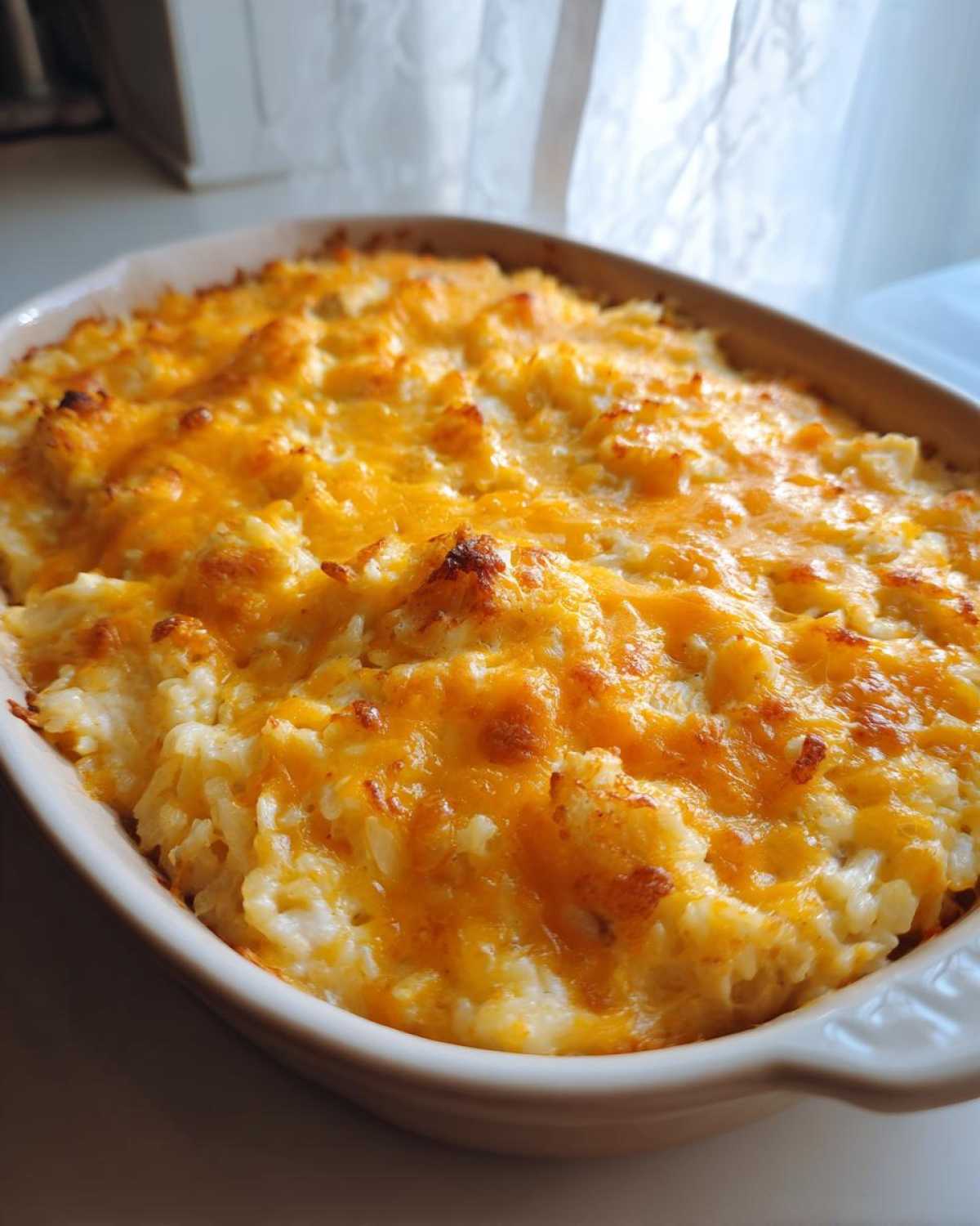 A close-up of Mamaw's Chicken and Rice Casserole, bubbling and topped with golden melted cheese.