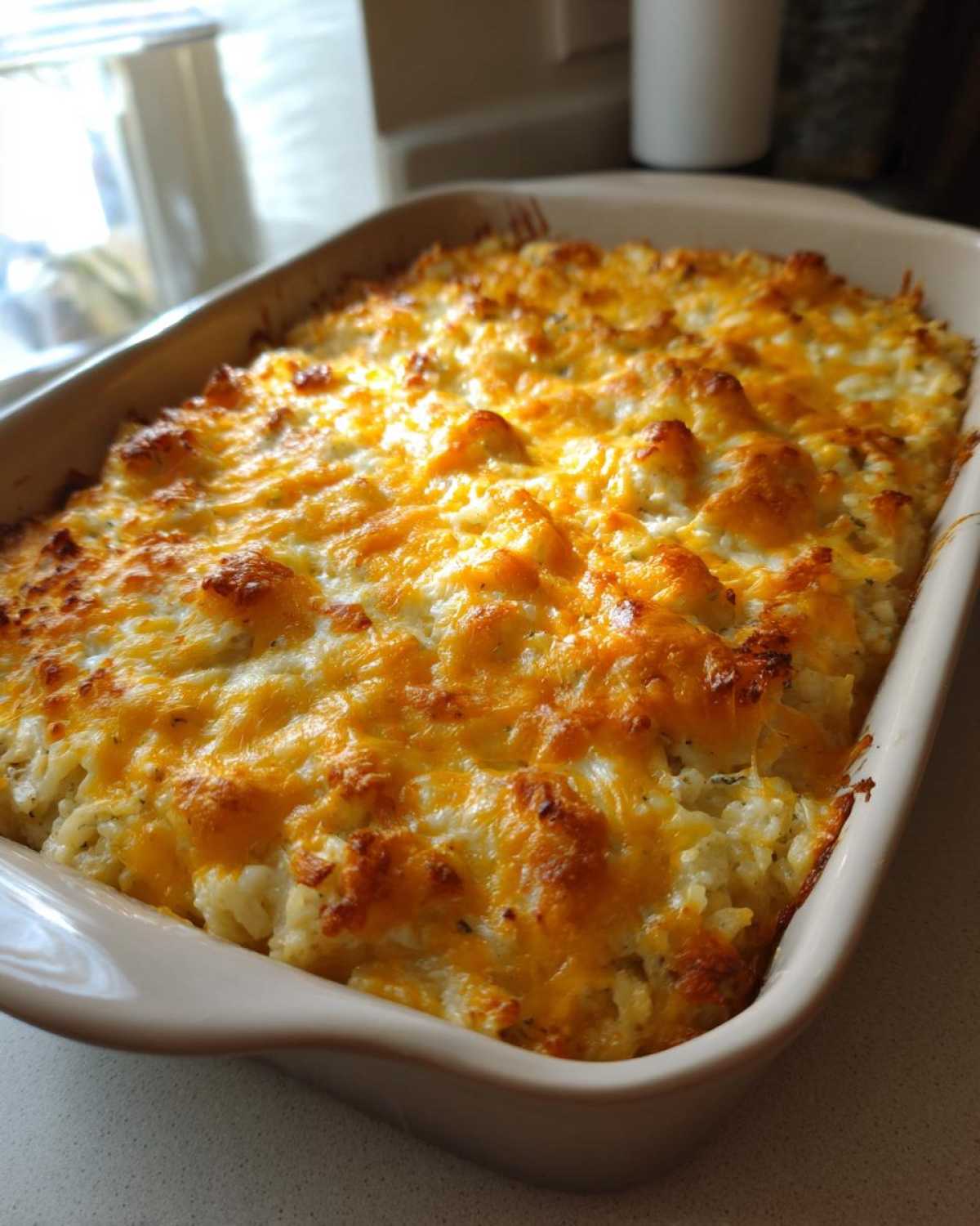 Golden brown Mamaw's Chicken and Rice Casserole bubbling in a baking dish with melted cheese.