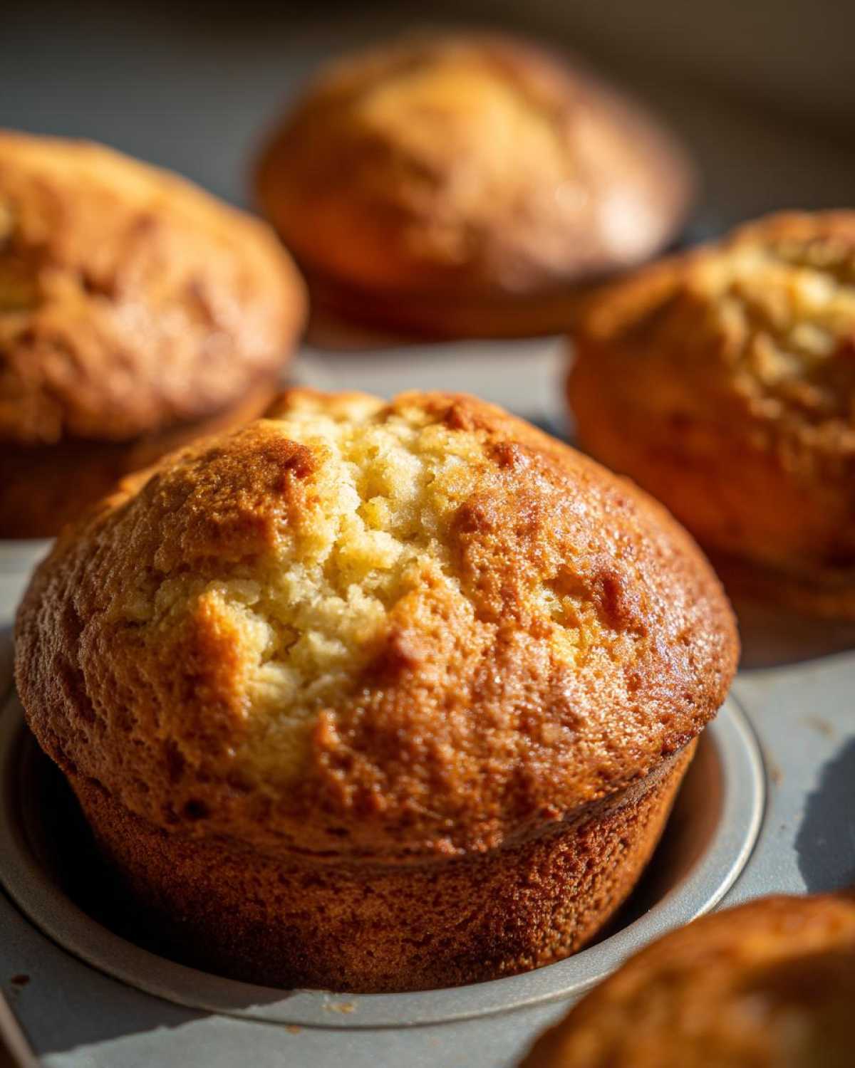 Close-up of golden brown maple cornbread muffins in a muffin tin, ready to be enjoyed.