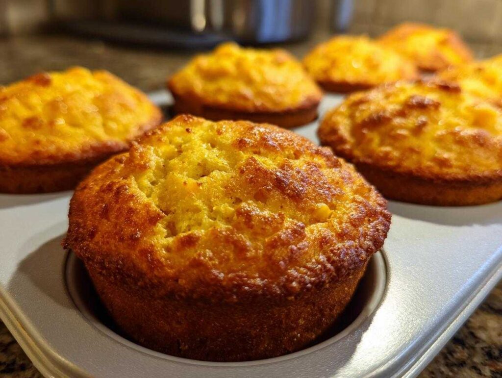 Close-up of golden brown maple cornbread muffins fresh from the oven in a muffin tin.