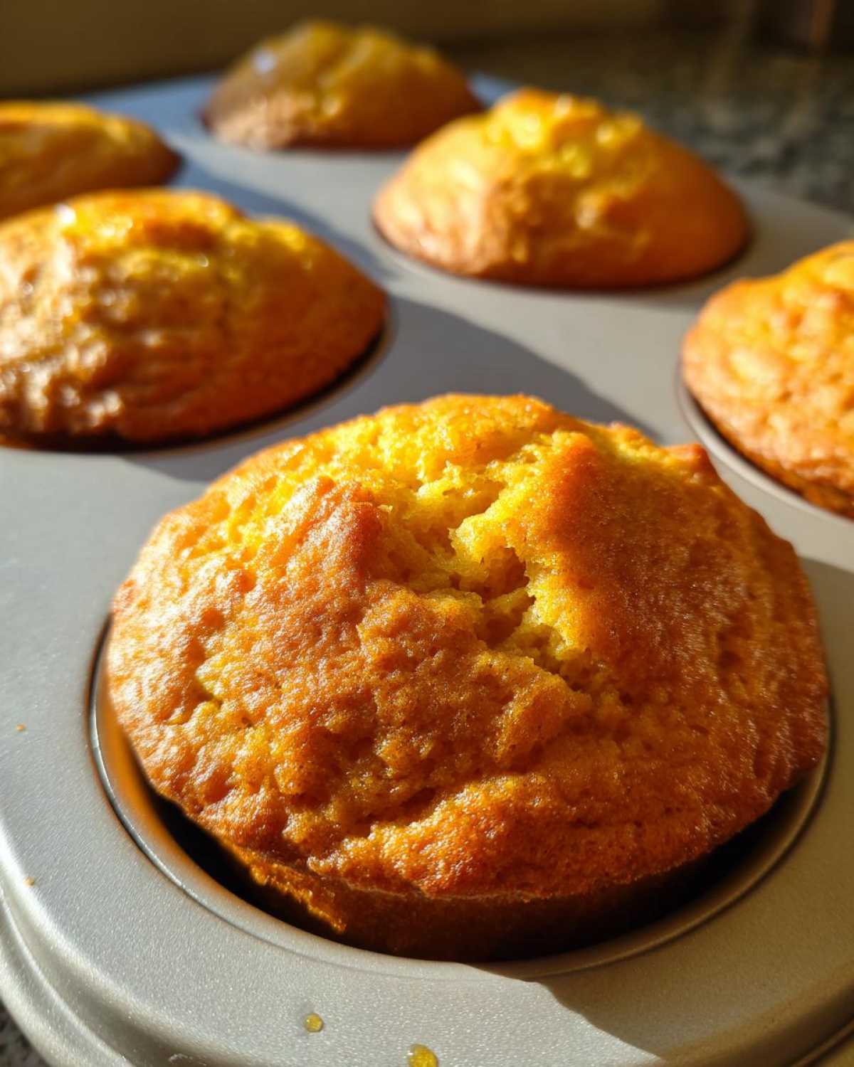 Close-up of freshly baked golden maple cornbread muffins in a muffin tin, with sunlight hitting them.