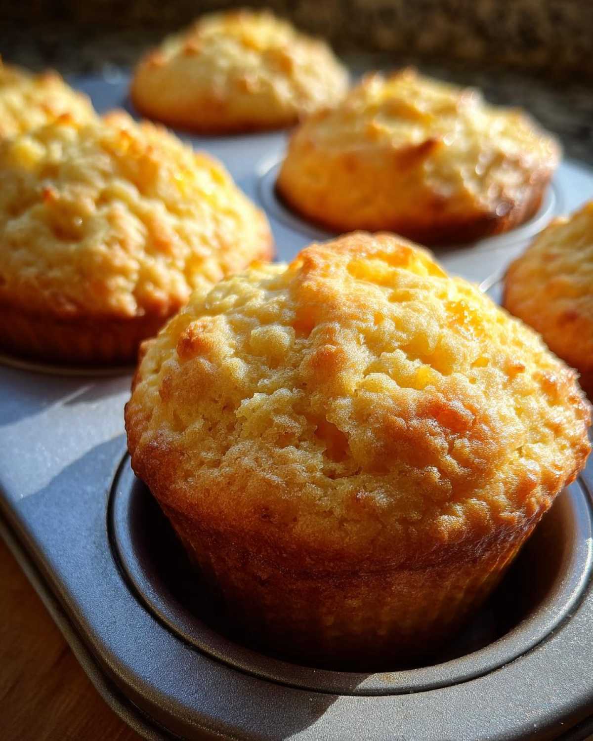 Close-up of golden brown maple cornbread muffins fresh from the oven in a muffin tin.