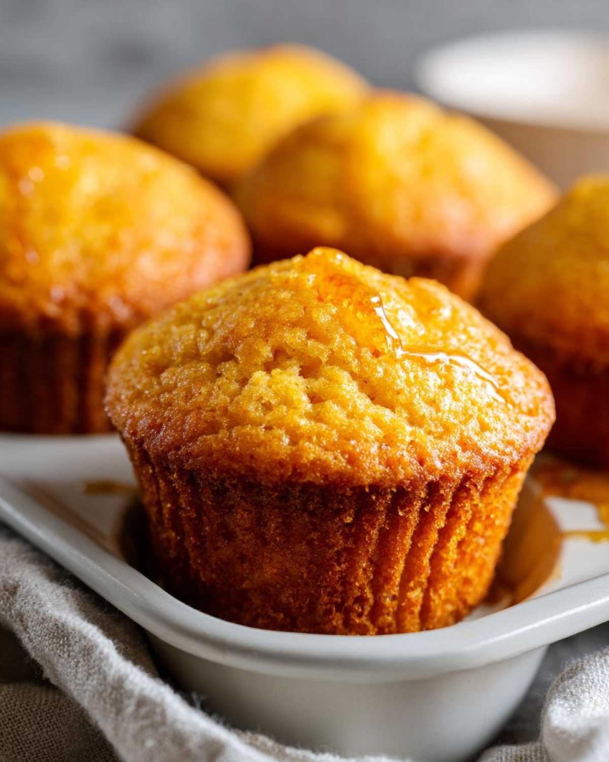 Close-up of golden maple cornbread muffins, one in focus with syrup drizzled on top.