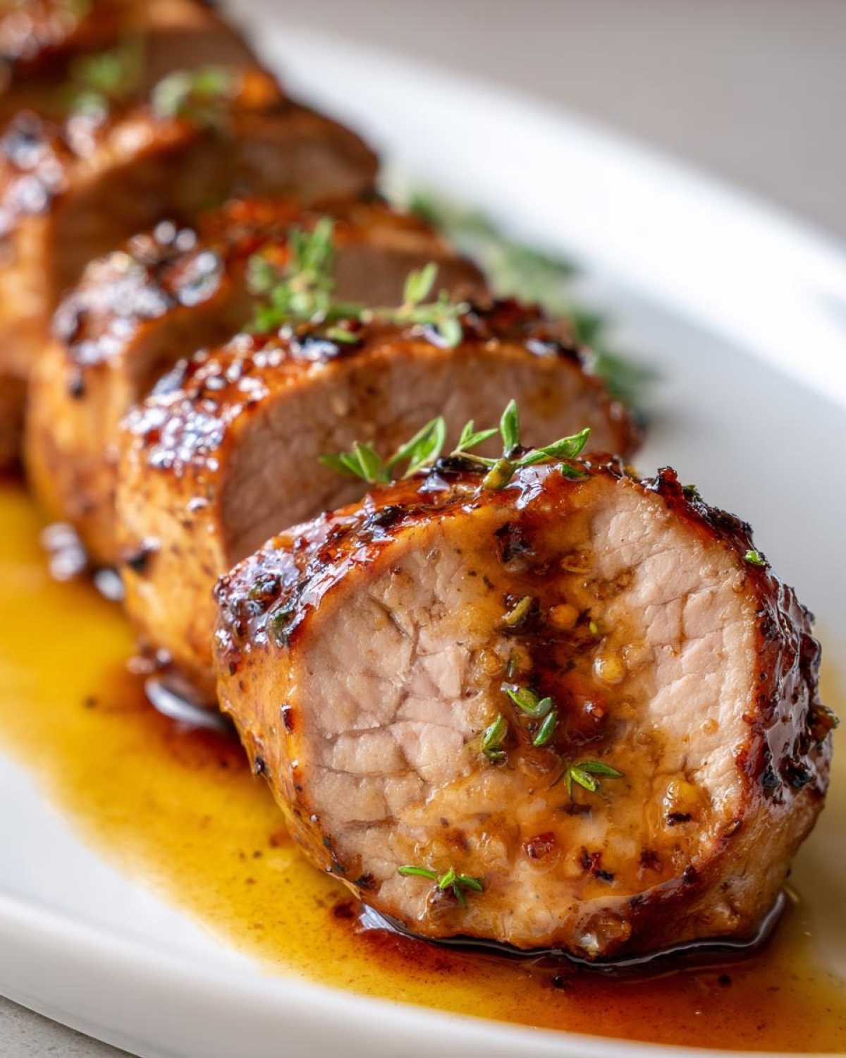 Close-up of sliced maple mustard pork tenderloin, glistening with sauce and garnished with fresh herbs.