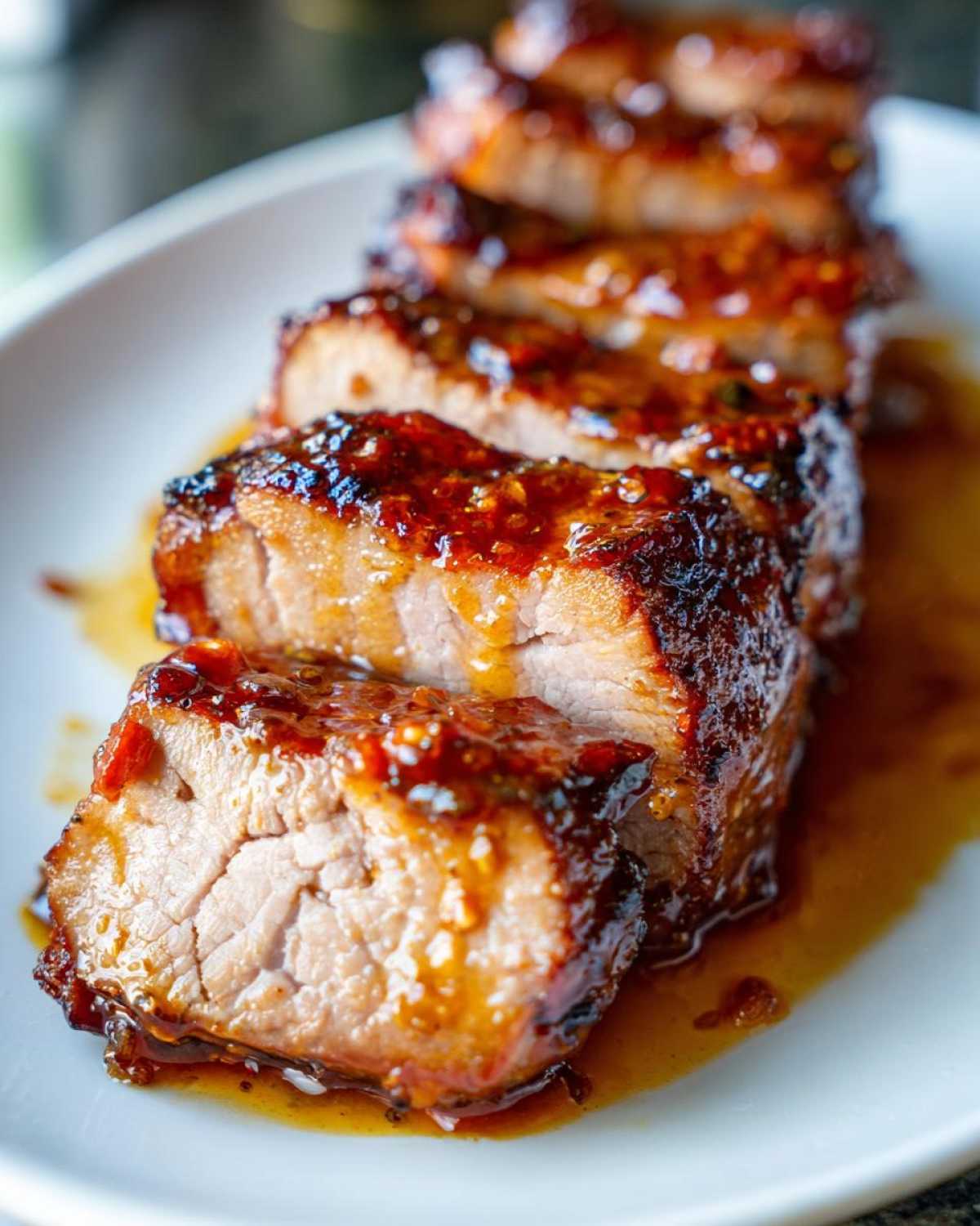 Close-up of sliced maple mustard pork tenderloin, glistening with sauce on a white plate.