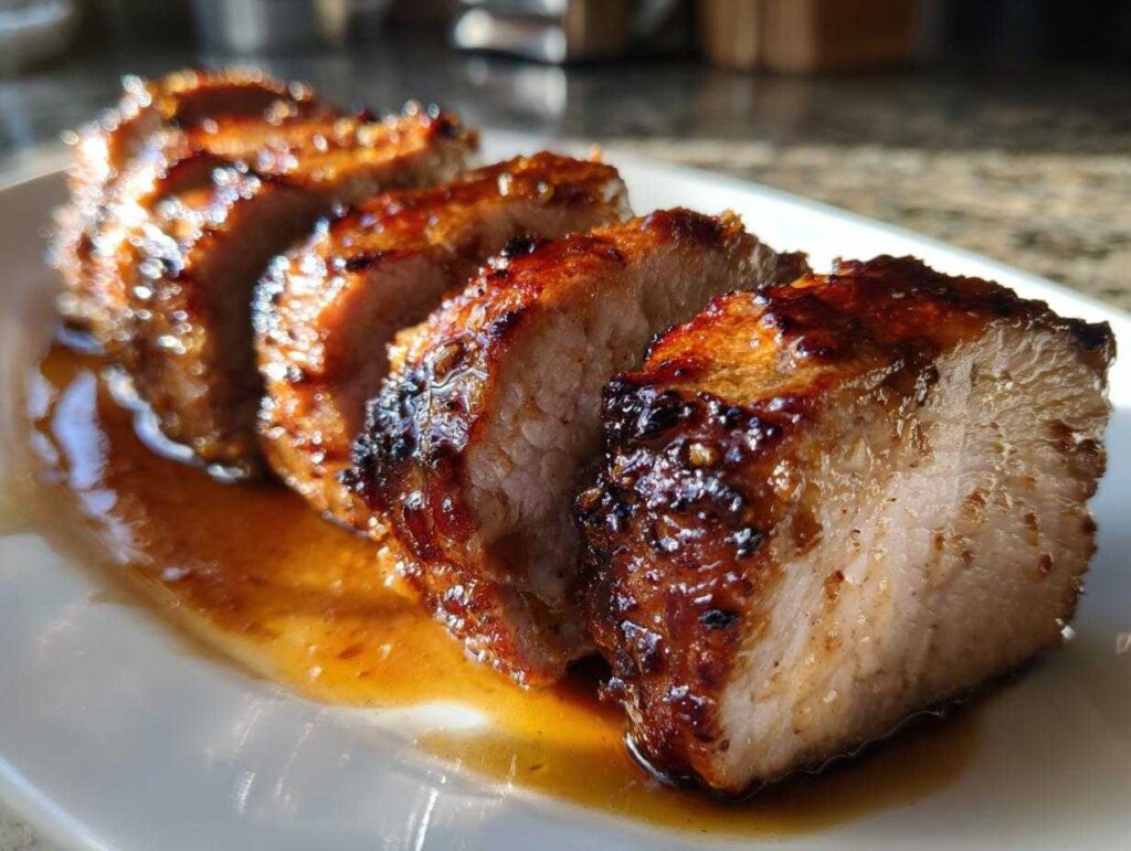 Close-up of sliced maple mustard pork tenderloin, glistening with sauce on a white plate.