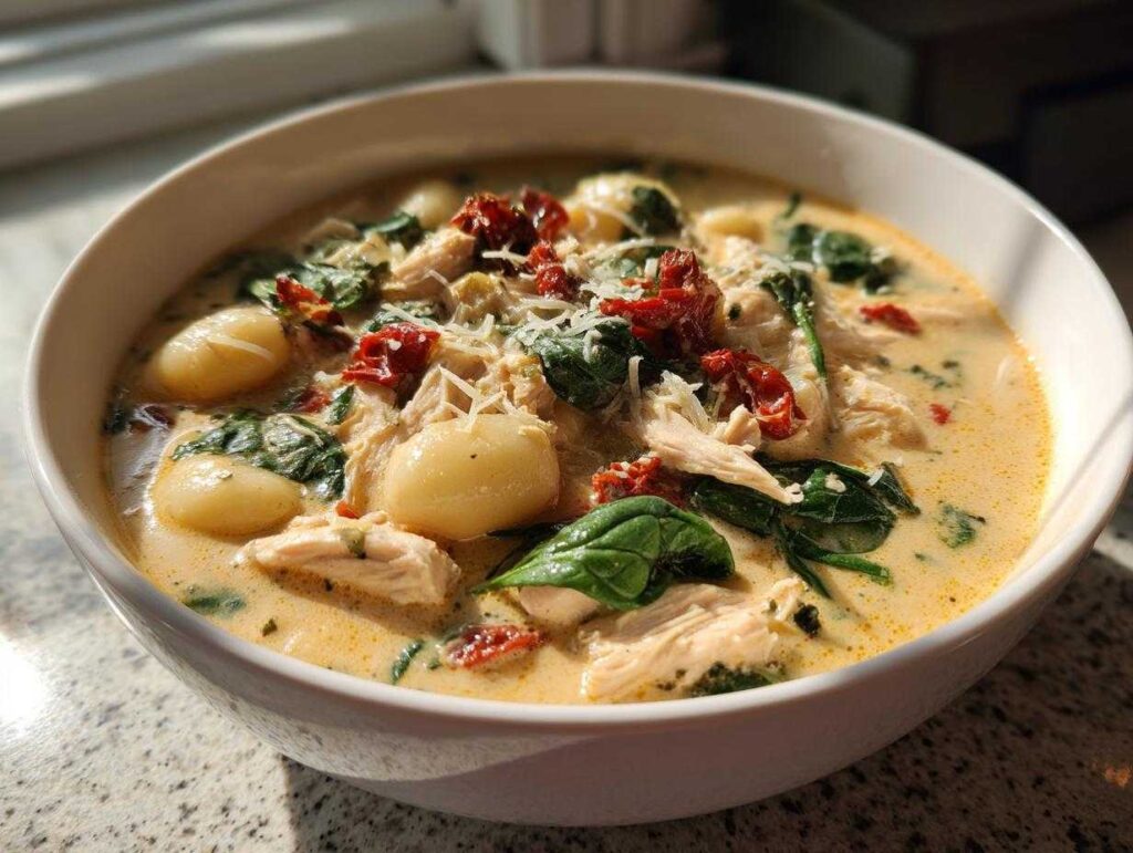 A close-up of a bowl of creamy Marry Me Chicken Gnocchi Soup with shredded chicken, gnocchi, spinach, and sun-dried tomatoes.