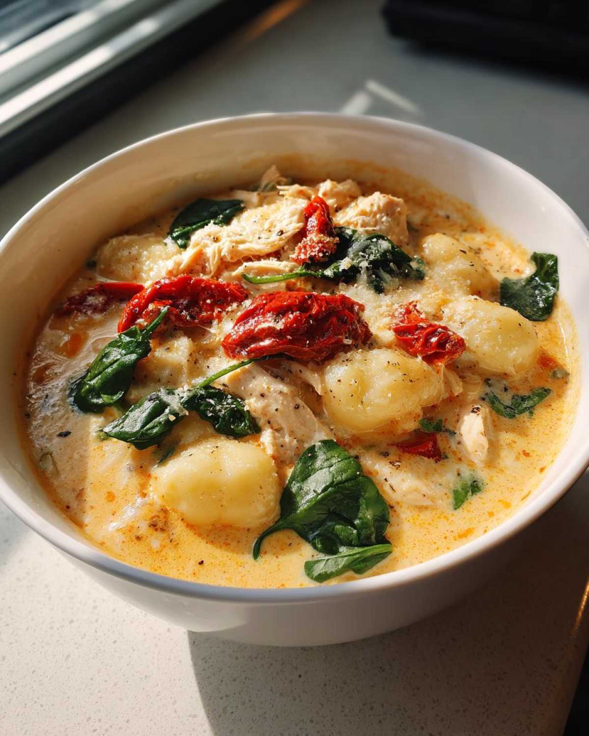 A close-up of a bowl of Marry Me Chicken Gnocchi Soup, featuring tender chicken, soft gnocchi, spinach, and sun-dried tomatoes in a rich, creamy broth.